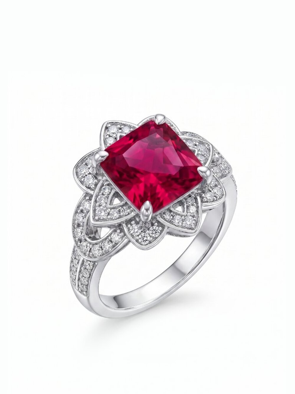 Princess Cut Floral Halo Ring - Red Ruby, Liz Halston 925 Sterling Silver
